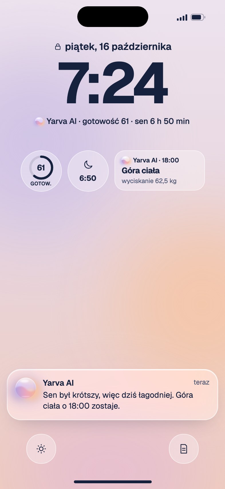 Ekran blokady z powiadomieniem od Yarva AI